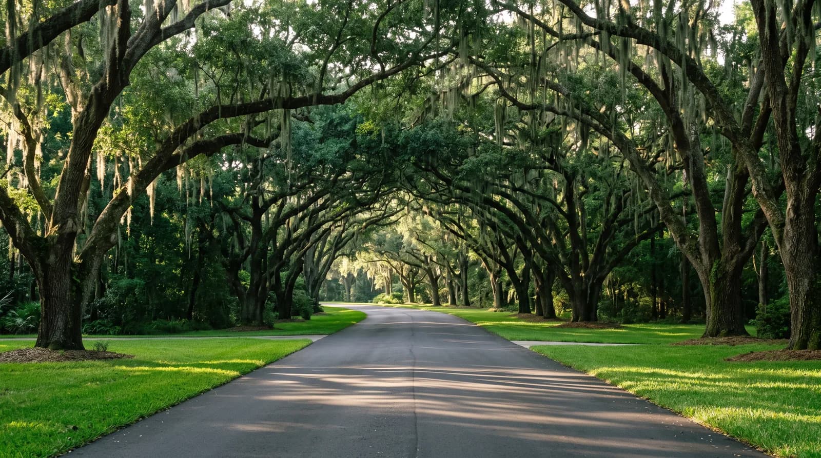 A quiet residential street in a small central Florida town under a canopy of live oaks