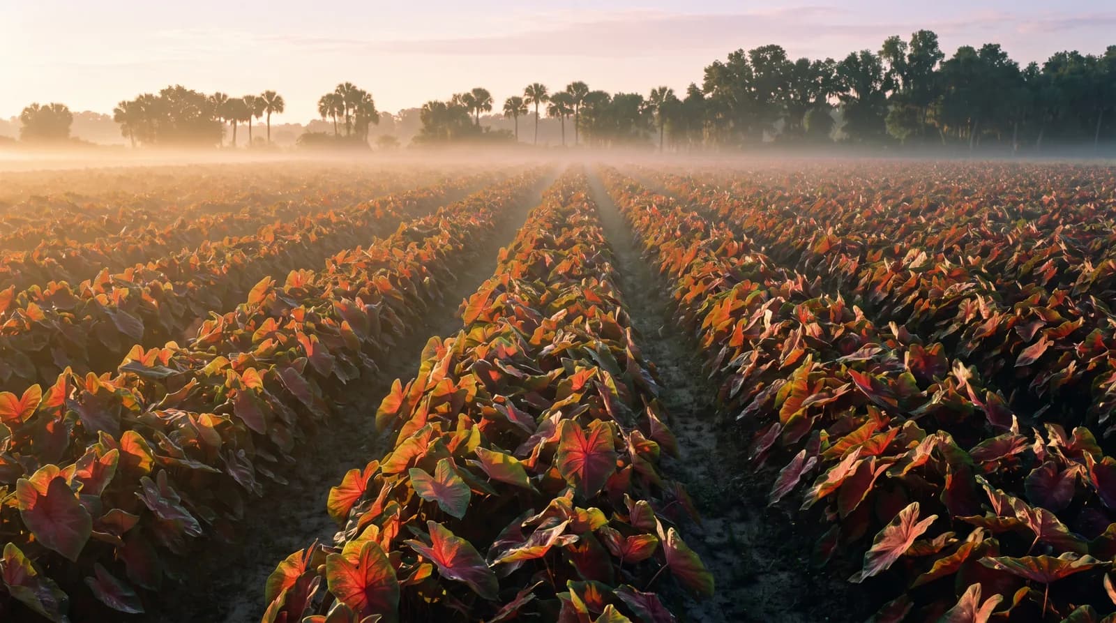 Rows of broad red and green caladium leaves in a central Florida field at sunrise
