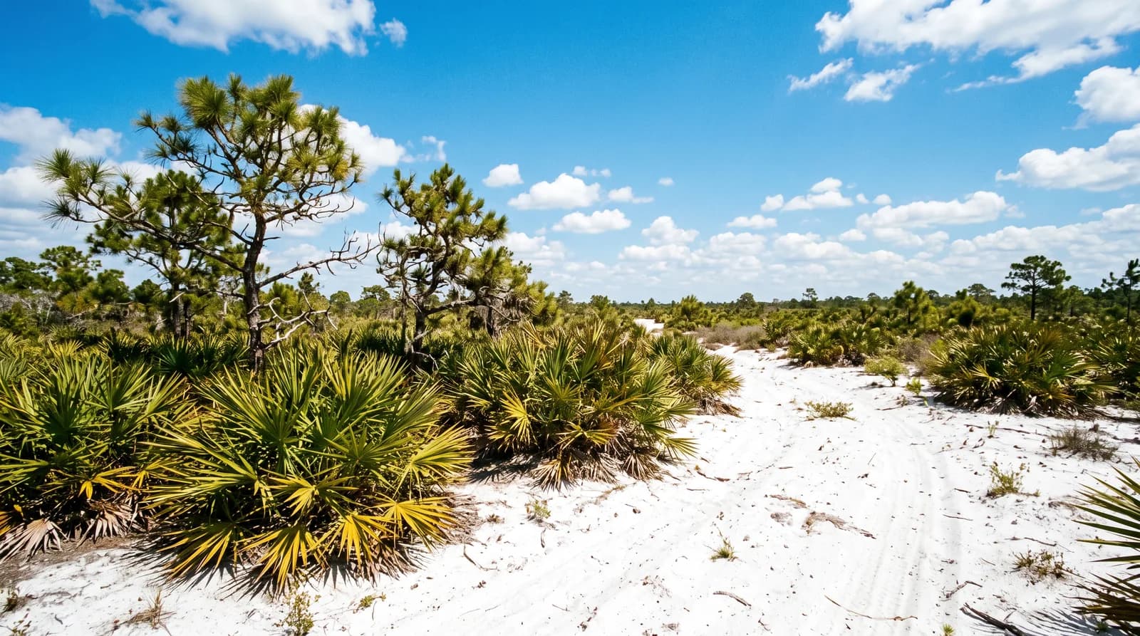 Florida scrub habitat with sand pine and saw palmetto over white sand under a clear sky